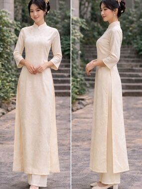 Ivory Satin Brocade Maxi Dress Mandarin Collar Side Slit Asian Wedding Ceremony